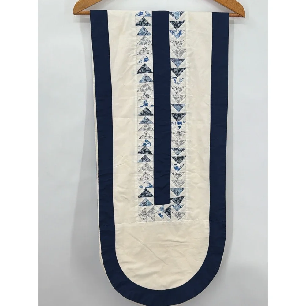 Handmade Quilted Table Runner Navy Blue Cream Flying Geese Floral Patchwork 68